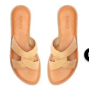 Schutz Rita Natural Raffia Leather-Trim Sandal 7.5 NEW